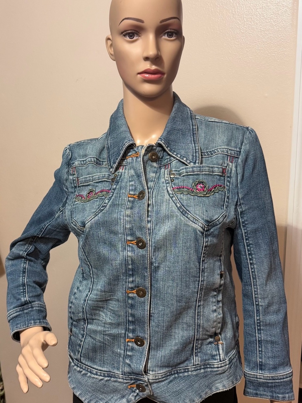 Vintage SuperStar Upcycled Y2K Denim Button-Up Jacket with  Embroidery Detailing